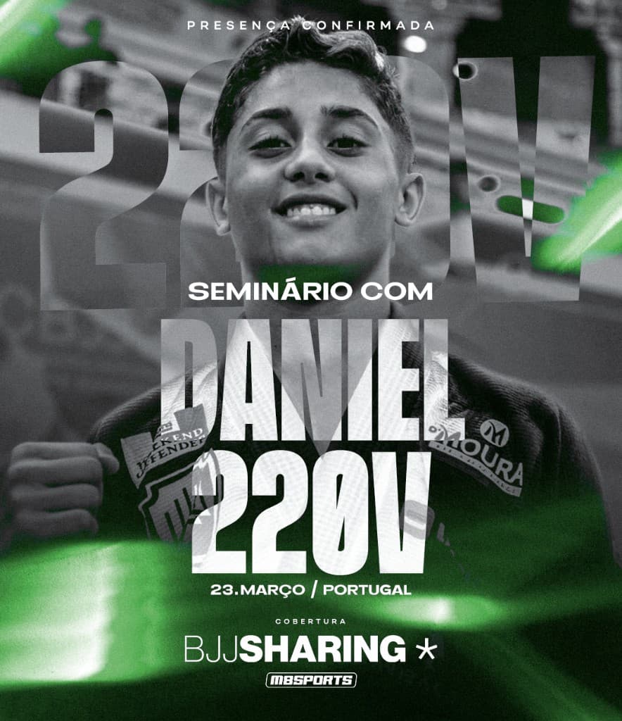 Cartaz do seminário Daniel 220V, presença confirmada, 23 de março em Portugal, estilo preto e branco com luz verde